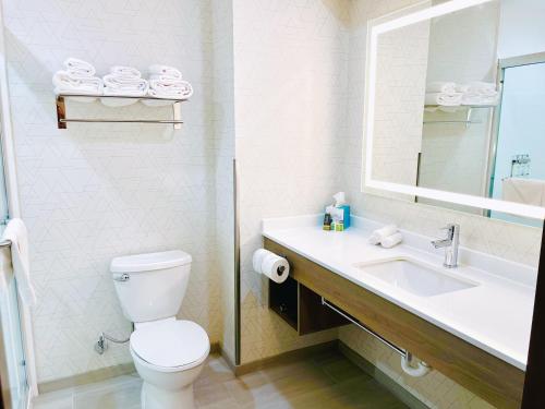 a bathroom with a toilet and a sink and a mirror at Holiday Inn Express & Suites Frazier Park, An IHG Hotel in Lebec