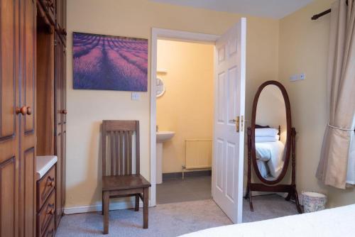 a bedroom with a mirror and a sink and a bed at Cottage 431 - Oughterard in Oughterard