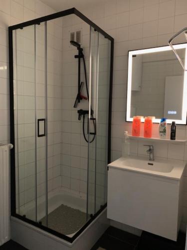 uma casa de banho com uma cabina de duche em vidro e um lavatório. em Appartement Ann em Blankenberge