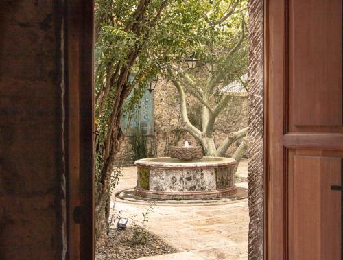 an open door to a garden with a fountain at Orchid House San Miguel de Allende in San Miguel de Allende