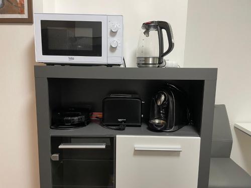 a microwave sitting on top of a kitchen counter at SPA Apartment Moser in Karlovy Vary
