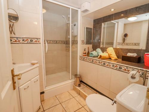 uma casa de banho com um chuveiro, um WC e um lavatório. em Tinkletod em Clevedon