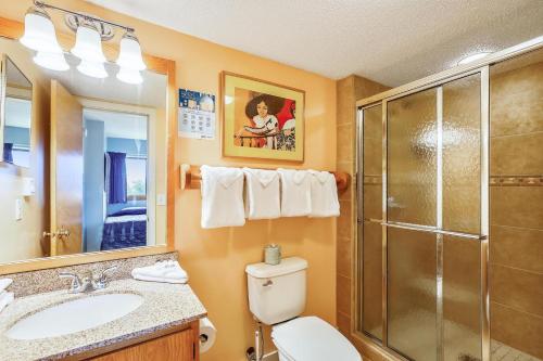 a bathroom with a shower and a toilet and a sink at Pinnacle C10 in Killington