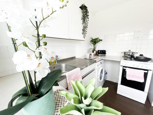 una cucina con armadi bianchi e un lavandino con fiori bianchi di 3 Bedroom House With Free Parking a Chatham