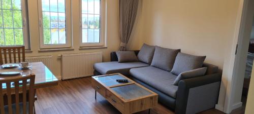 a living room with a couch and a table at Apartament De Lux Saneczkowa 3/26 in Karpacz