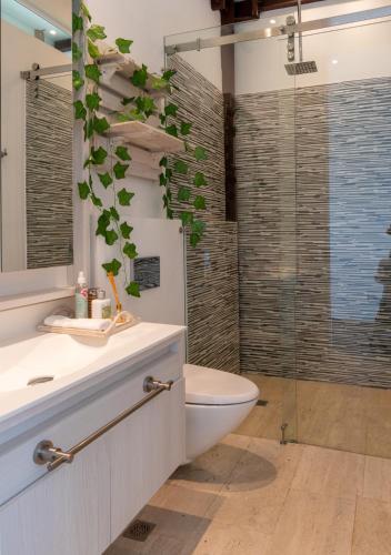 a bathroom with a toilet and a glass shower at Sukha Resort in La Calera
