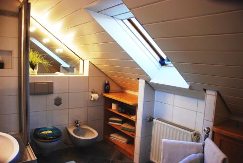 a bathroom with a sink toilet and a skylight at Gästezimmer Anita in Schwabach