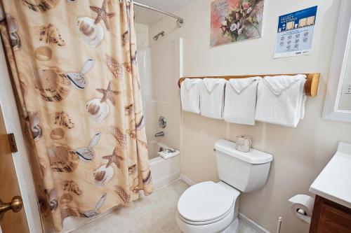a bathroom with a toilet and a shower curtain at Pinnacle E01 in Killington