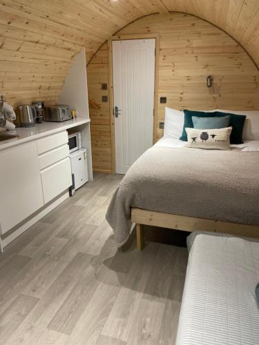 1 dormitorio con 1 cama grande y techo de madera en The Burrow - Sleeps 4 en Burnfoot