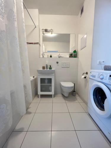 a bathroom with a washing machine and a sink at The Apartment - Lenkas in Banská Bystrica