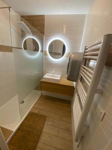 ein kleines Bad mit einem Waschbecken und einem Spiegel in der Unterkunft 3 pièces la Foux d Allos vue montagne et station in La Foux