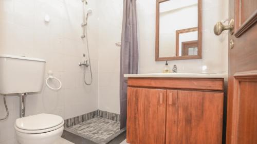 ein Badezimmer mit einem WC, einem Waschbecken und einem Spiegel in der Unterkunft Casa Cor de Rosa in Madalena