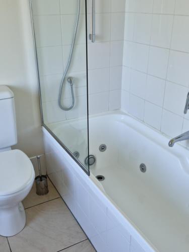 a bathroom with a shower and a toilet at Methven Motel & Apartments in Methven