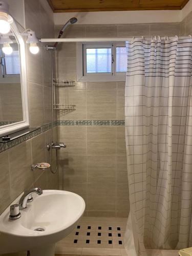 baño con lavabo y cortina de ducha en Complejo Anita 07 en Las Grutas