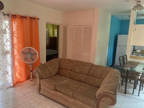 a living room with a brown couch and a table at Finest Accommodation Renfrew Place 1 Bedroom Apt # 42 New Kgn 4--12 Renfrew Rd in Kingston