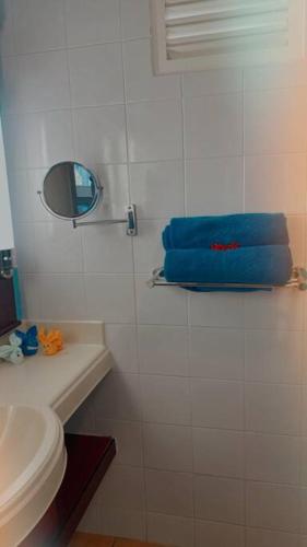 a bathroom with blue towels and a mirror and a sink at Studio Premium Vue Mer, Plage in Sainte-Luce