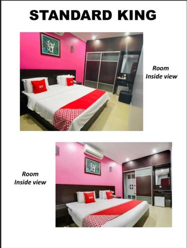 two pictures of a room with a bed and a room inside at Ct Hotel in Sitiawan