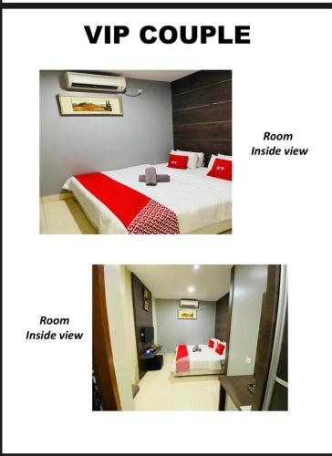 two pictures of a hotel room with a vip couple at Ct Hotel in Sitiawan