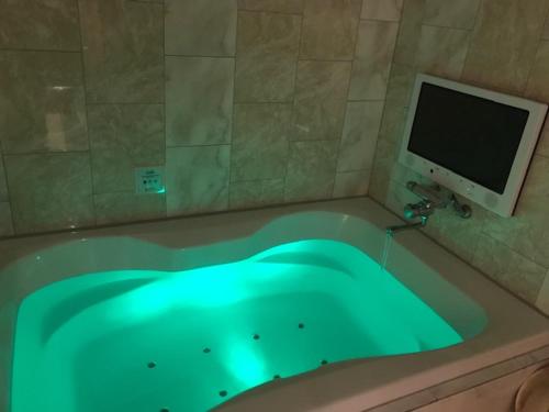 a green bath tub with a tv in a bathroom at Hotel Water Gate Tokuyama adult only in Shunan