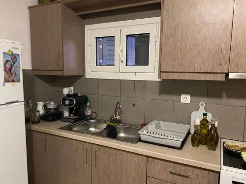 a kitchen counter with a sink and a refrigerator at MARINOS House WANDERN&ENTSPANNEN am Fusse des Psiloritis 