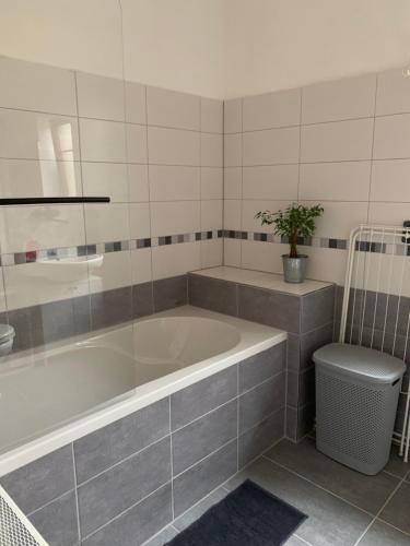 ein Bad mit einer Badewanne und einem WC in der Unterkunft apartmán U památného stromu in Česká Lípa