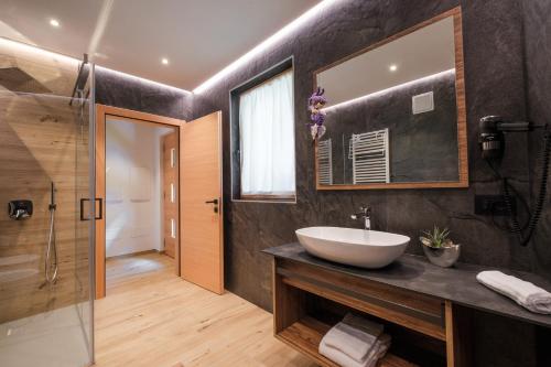 a bathroom with a sink and a mirror and a shower at La Dila Dolomiti Mountain Lodge in Andalo
