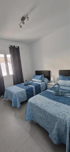 3 lits dans une chambre avec des couvertures bleues dans l'établissement Villa Selena, à Playa Blanca