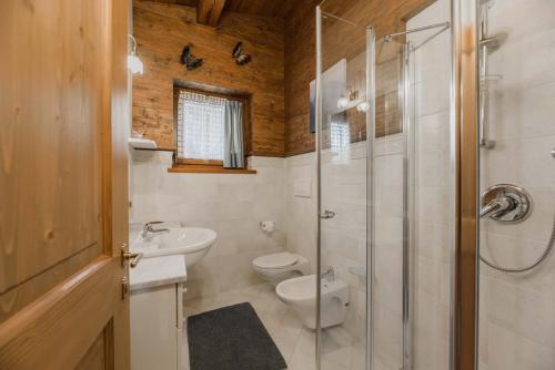 uma casa de banho com um WC e uma cabina de duche em vidro. em Cesa Linda em Campitello di Fassa