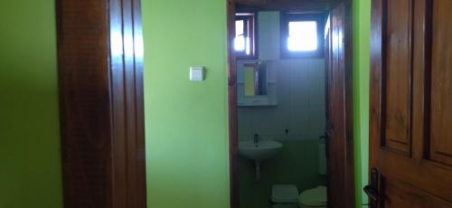 a bathroom with a sink and a toilet and a door at Hotel Ambrozia in Kotel