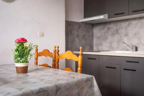 a kitchen with a table with a vase of flowers on it at Le Catalan - Hôtel et appartements in Mont-Louis