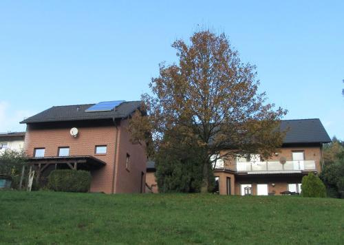 a large house with a tree in front of it at Appartement Spatzennest in Mossautal