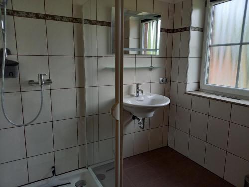 a bathroom with a sink and a shower at Appartement Spatzennest in Mossautal