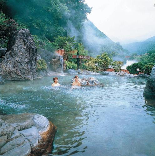 a group of people swimming in a river at Hodakaso Yamano Hotel in Takayama