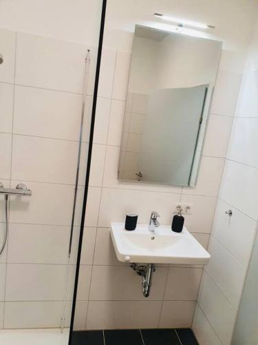 La salle de bains blanche est pourvue d'un lavabo et d'un miroir. dans l'établissement Leon 3 wunderschönes neues Apartment, à Linz