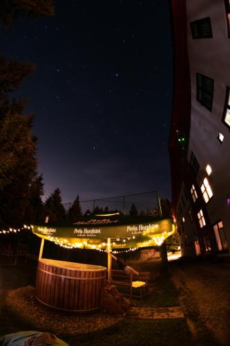 a string of lights in a yard at night at Mountain-Rest Pension in Miercurea-Ciuc