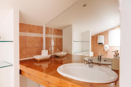 a bathroom with a sink and a large mirror at Chambres Aguerria Hendaye in Hendaye