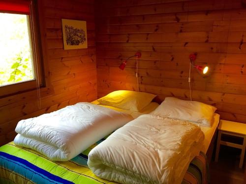 a room with two beds in a log cabin at Blokhuis Heringhausen-Diemelsee in Diemelsee