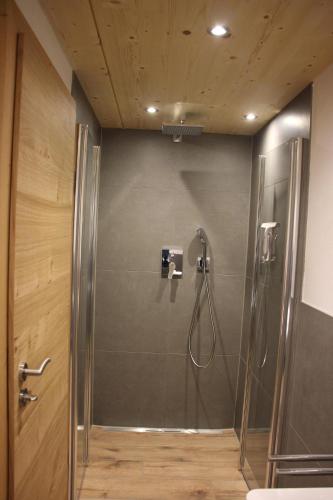 a shower in a bathroom with a glass door at FeWo Fritz in Bad Hindelang