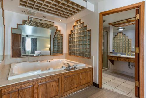een badkamer met een bad, een wastafel en een spiegel bij Howard Johnson by Wyndham Billings in Billings