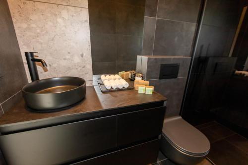 a bathroom with a sink and a toilet at North Mountain View Suites in Akureyri