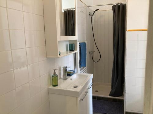 a white bathroom with a sink and a shower at Centre Vaison-la-Romaine, Appartement T2 in Vaison-la-Romaine