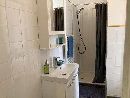 une salle de bain blanche avec un lavabo et une douche dans l'établissement Centre Vaison-la-Romaine, Appartement T2, à Vaison-la-Romaine