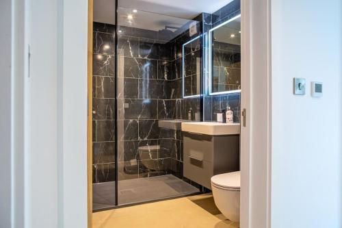 bagno con servizi igienici, lavandino e specchio di Orchard Barn - Luxury 4 BD Barn Conversion! a Fladbury
