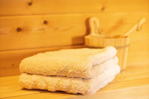 a pile of towels sitting on the floor in a bathroom at Vakantiehuis Luxe Blokhuis B in Willingen