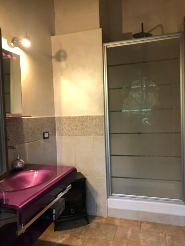 a bathroom with a pink sink and a shower at Dreams Valley in Valmontone