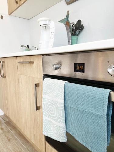 a kitchen with two towels hanging on a dishwasher at Charmante Maisonnette au calme / Jardin privatif in Clermont