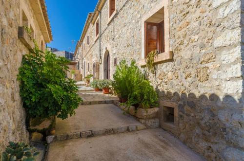 an alley in an old stone building with potted plants at Es Pujols in Campanet