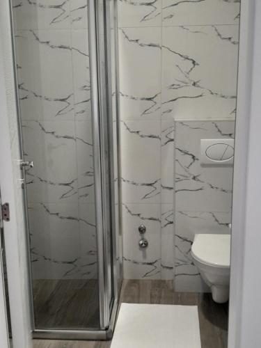 a bathroom with a shower and a toilet at Spa Koncept-Apartmani in Veliko Gradište