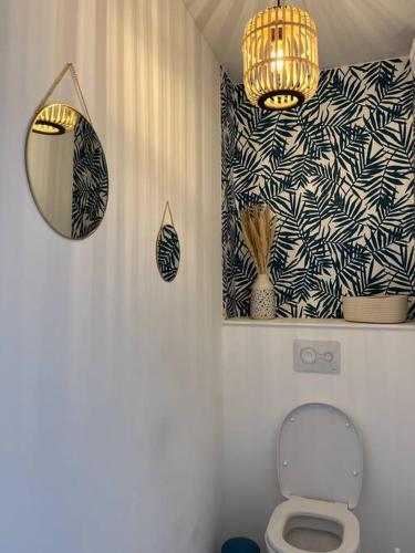 La salle de bains est pourvue d'un miroir et de toilettes. dans l'établissement Elégant & spacieux, place du Dauphin à Pornichet, à Pornichet