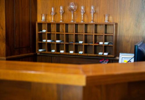 a row of wine glasses sitting on a shelf at Hotel Leo in Peje